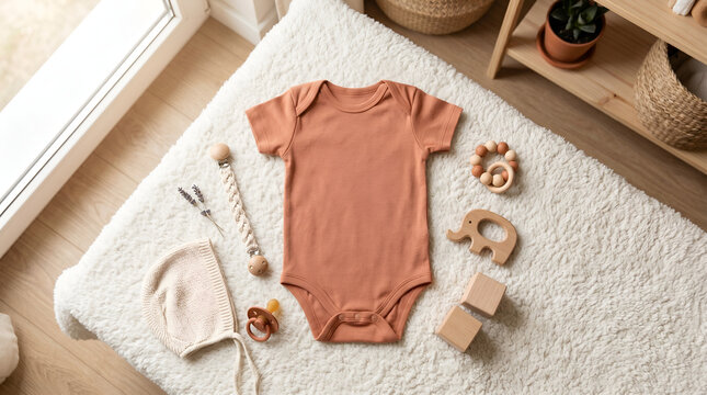 Flat Lay Cotton Baby Bodysuit with Wooden Toys and Teether Accessories