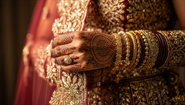 Close up of Indian bride hand with intricate henna mehndi design and luxury gold bridal jewelry