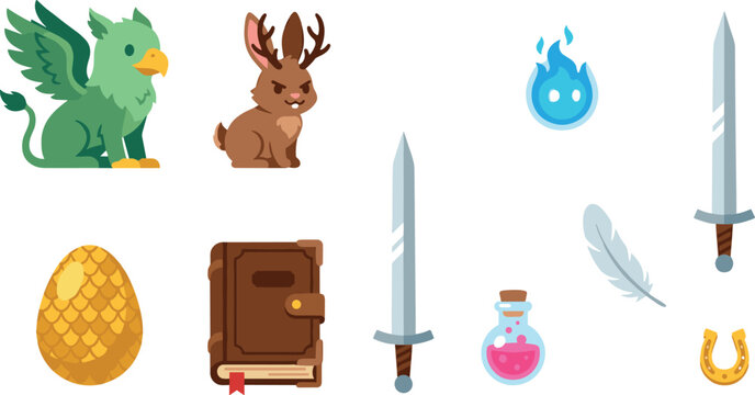 Fantasy RPG Video Game Asset Icon Set with Griffin Jackalope Swords Magic Spell Book Dragon Egg and Potion Elements Vector Illustration