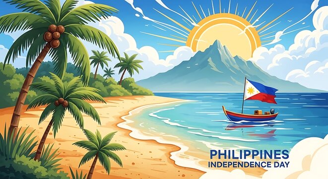 Philippines independence day celebration with tropical beach landscape, palm trees, and a boat with flag