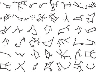 Obraz premium A collection of dot-and-line drawings represents various constellations, connecting celestial patterns for astronomical study.