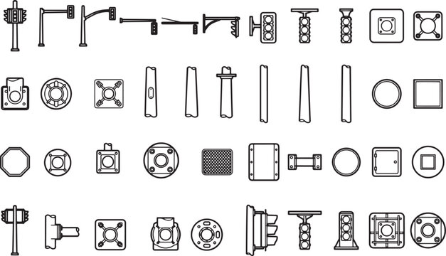 A collection of various traffic light symbols and road signs are displayed in a minimalist, graphic style, representing navigation and urban infrastructure elements.