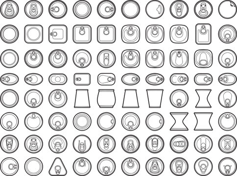 A collection of diverse tin can outlines in various shapes and sizes, showcasing different lid mechanisms and container forms, presented in a clean, vector art style.