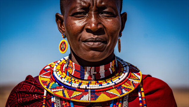 Portrait of a Maasai woman wearing traditional colorful beaded jewelry and red clothing in Kenya