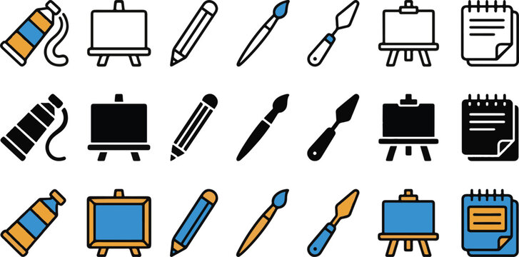 Set of colorful flat design art supply icons