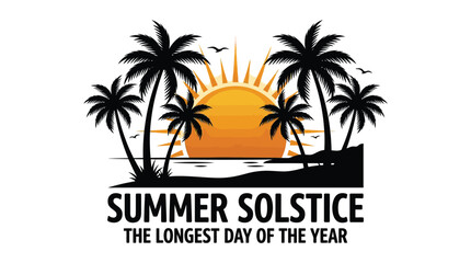 Obraz premium Vibrant summer solstice graphic featuring a glowing golden sun rising behind silhouetted tropical palm trees on a sandy beach with flying birds in a clean minimalist vector style flat illustration.