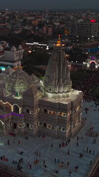 Aerial Drone Shot of Prem Mandir at Night, Vrindavan, India &ndash; Mesmerizing Illuminated Temple