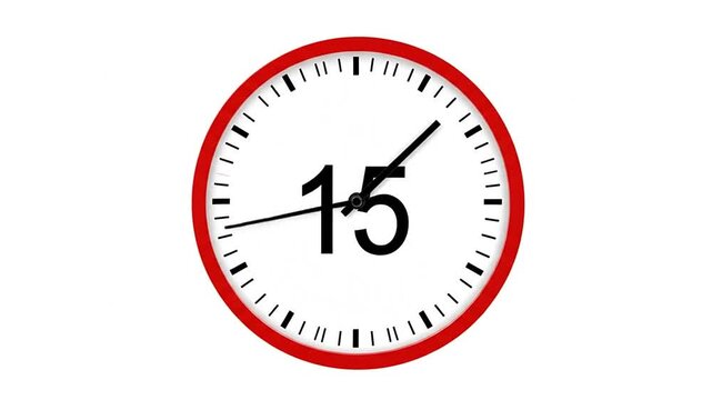 A simple analog clock face showing the number fifteen on white