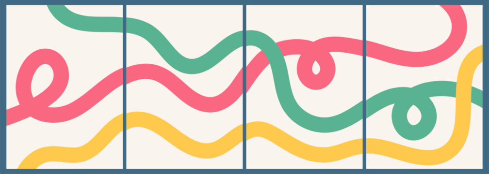 Abstract wall art set featuring four panels with flowing wavy lines in coral pink, sage green, and mustard yellow on a neutral background with organic overlapping curves and loops.