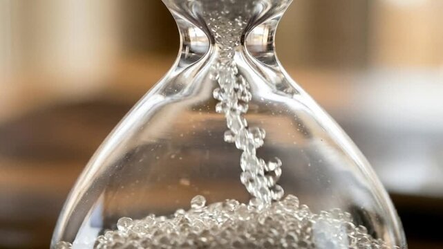 Abstract close-up of an hourglass with crystal beads falling, symbolizing the passage of time