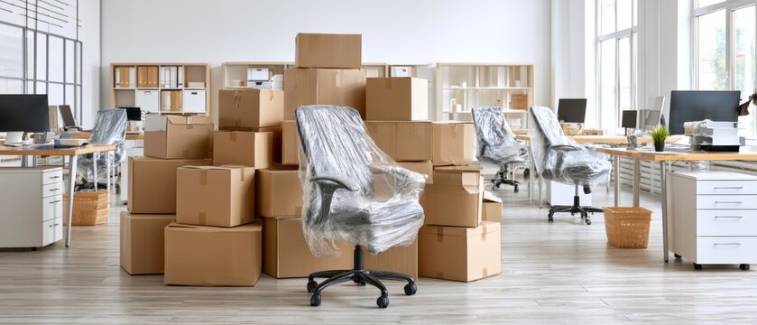 Bright office with wrapped chairs and cardboard boxes during business moving and relocation