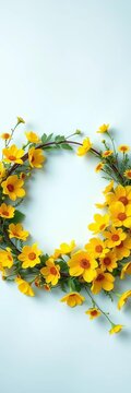 Floral wreath with yellow flowers and greenery on a light blue background, linear style, summer vibes
