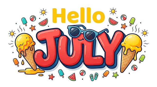 Hello july text with sunglasses and melting ice cream cones, summer fun with beach balls, watermelon slices, starfish, and popsicles.