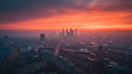 Fototapeta premium Serene Urban Skyline at Sunrise with Colorful Clouds and City Buildings Under Vibrant Sky During Dawn Time from a High Perspective