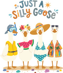 Fototapeta premium Cute summer cartoon illustration of four silly white geese in beach outfits, featuring a life vest, watermelon, bikini, and hawaiian shirt.