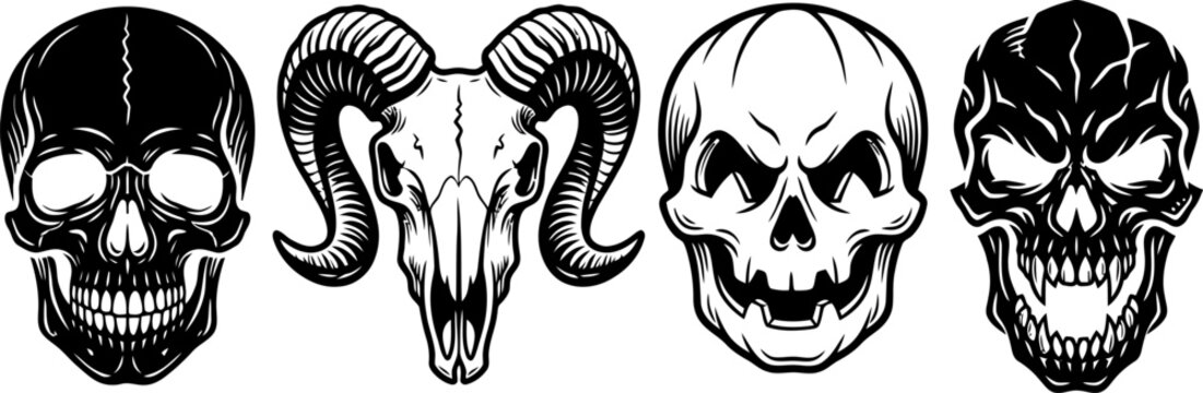 Set of four scary skulls and a ram skull in black and white style with skeleton