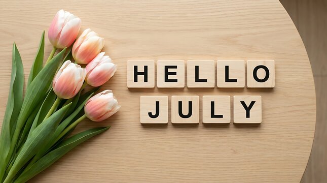 Hello july text on scrabble tiles, bunch of pink tulips, light wooden table, spring flowers, beautiful greeting.