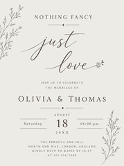 Obraz premium Minimalist wedding invitation template card design. Elegant black serif and script cursive lettering with simple botanical leaf dividers on a white background.