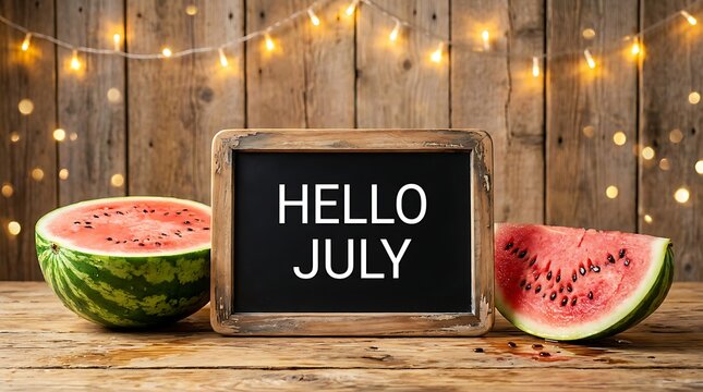 Hello july chalkboard sign with watermelon on wooden table with bokeh lights, summer celebration concept, welcome summer greeting.