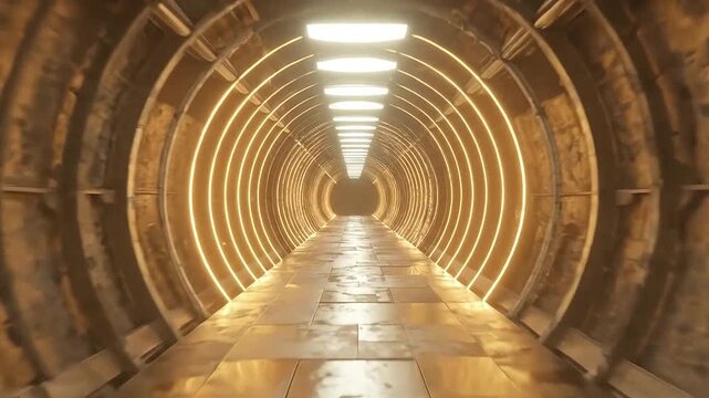 A futuristic circular tunnel with glowing warm golden ring lights
