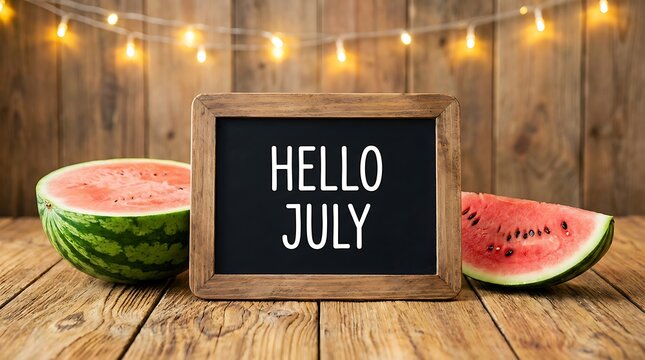 Hello july chalkboard sign with watermelon on wooden table with bokeh lights, summer celebration concept, welcome summer greeting.