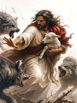 Jesus christ the good shepherd protecting a lamb from wolves. Cinematic painting illustration of biblical story with aggressive wild animals attacking.