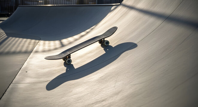 Skateboard Resting on Concrete Ramp in Sunny Skatepark Bowl Late Afternoon Light