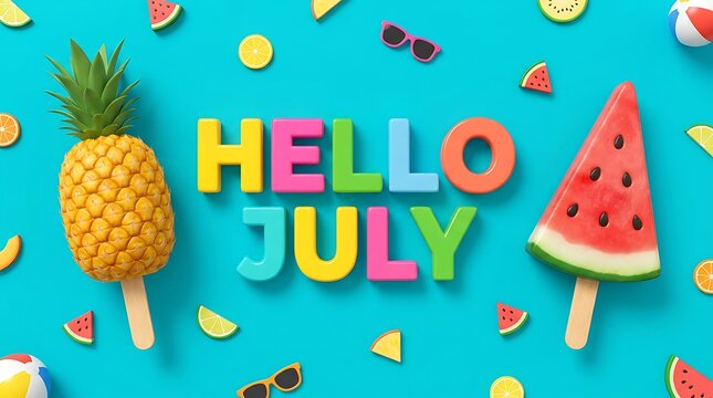 Hello July colorful text with pineapple and watermelon popsicles surrounded by tropical fruits sunglasses on turquoise background.