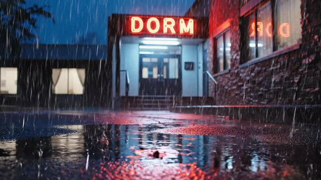 Student dormitory building with red neon sign on a rainy night.