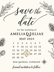 Obraz premium Save the date wedding invitation calendar card. Featuring elegant botanical line art drawings and gold hearts for marriage celebration. Illustration.