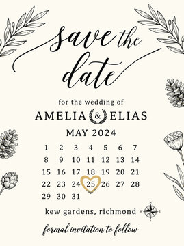 Save the date wedding invitation calendar card. Featuring elegant botanical line art drawings and gold hearts for marriage celebration. Illustration.