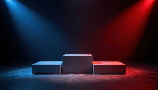 Victory Stage: A spotlighted podium stands ready in a dramatic setting, illuminated by red and blue lights, awaiting champions.