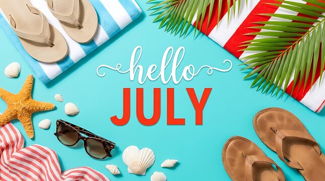 Summer vacation essentials on bright blue background, hello july text, beach theme, flip flops, sunglasses, starfish, seashells, beach towel, tropical leaves, sunglasses, vacation time.