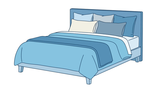 Cozy blue bed with pillows and blankets, inviting bedroom furniture illustration