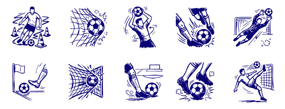 Hand Drawn Soccer Football Vector Icon Logo Set. Vintage Sketch Style Sports Emblems Featuring Referee, Coach Tactics, Trophy, Stadium, Goal, Cards, Players, Kit, Boots.