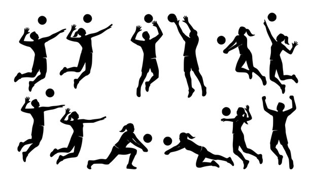 Dynamic Volleyball Athlete Silhouette Pack with Serving Spiking and Defensive Action Poses