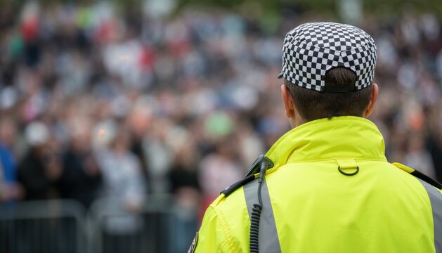 Security Guard Observing Crowd: A security guard in a high-visibility jacket and checkered cap surveys a blurred crowd from behind, emphasizing vigilance and public safety.