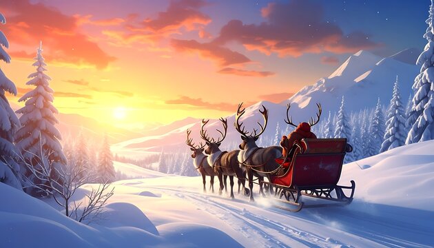 Winter wonderland scene; sleigh pulled by four reindeer traveling on snowy path towards sunset mountains