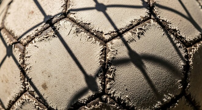 Closeup of a wornout soccer ball behind a chainlink fence