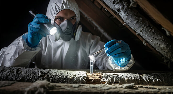 Professional asbestos inspector in protective hazmat suit and respirator collecting samples from an attic for hazardous material testing and remediation services