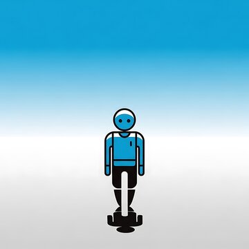 Blue robot figure standing against clear sky background.