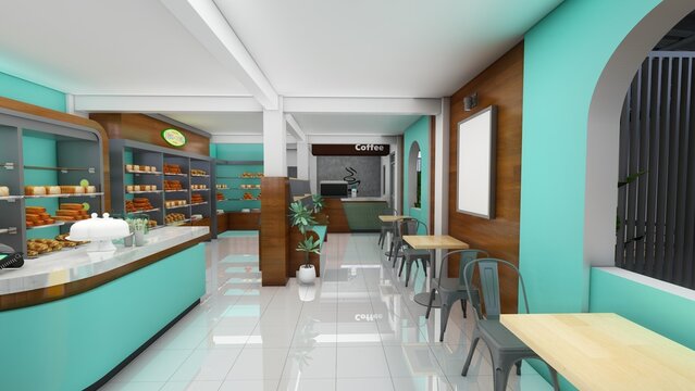 The interior of the bakery is turquoise green.