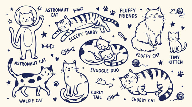 A charming collection of doodlestyle illustrations featuring various whimsical cats in different poses and scenarios