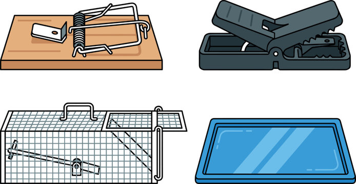 Pest Control Mousetrap and Rat Trap Icon Set with Wooden Snap Trap Plastic Jaw Trap Metal Wire Cage and Glue Board Vector Illustration Collection