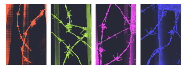 Abstract Punk Posters with Barbed Wire and Halftone Texture. Urban Grunge Background Set with distressed dot pattern, bold neon colors. Vector template for alternative culture, underground, Punk Music © Olga Tsikarishvili