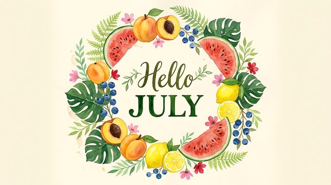 Hello July text within a wreath of fresh summer fruits like watermelon peaches blueberries and lemons surrounded by green leaves and small pink flowers.