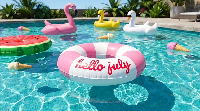 Hello July inflatable ring floating in swimming pool with rubber toys, summer fun, poolside refreshment, bright sunshine, party accessories.