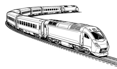 Black and White Passenger Train Engine Vector Illustration Railway Cars on Curve Isolated on White Background © MstKamrun