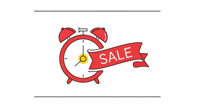 Red alarm clock with "SALE" banner, symbolizing limited time offer and discount promotion