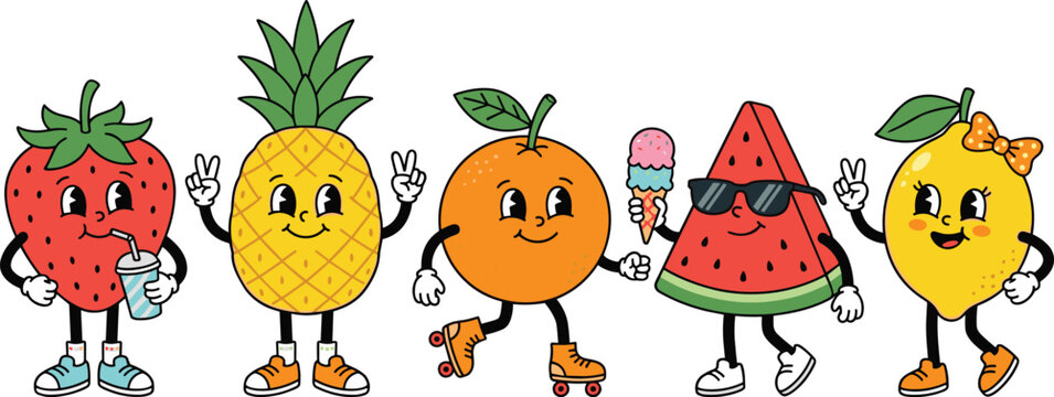 Retro Groovy Fruit Character Set Featuring Cute Strawberry Pineapple Orange Watermelon and Lemon Cartoon Mascots for Kids Designs